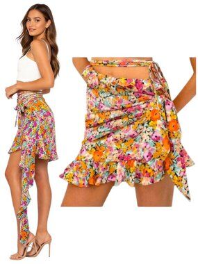 For Love & Lemons Wrap Mini Skirt Floral Multi Ruffle M